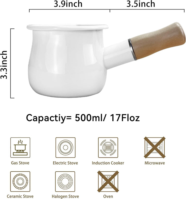 Enamel Milk Pot, Small Saucepan Milk Pot Butter Warmer 4 Inch 17 Oz Enamel Small Sauce Pan with Wooden Handle, Perfect Size for Heating Smaller Liquid Portions. (White)