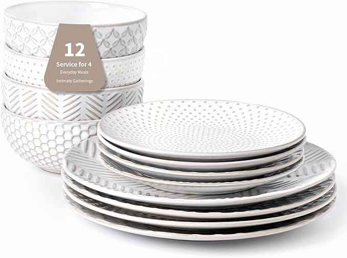 12 Piece Embossed Dinnerware Sets for 4, Elegant Plates and Bowls Sets, Microwave & Dishwasher Safe, Stoneware for Stylish Home DiningโPerfect Housewarming Gift for Busy Families & Hostesses
