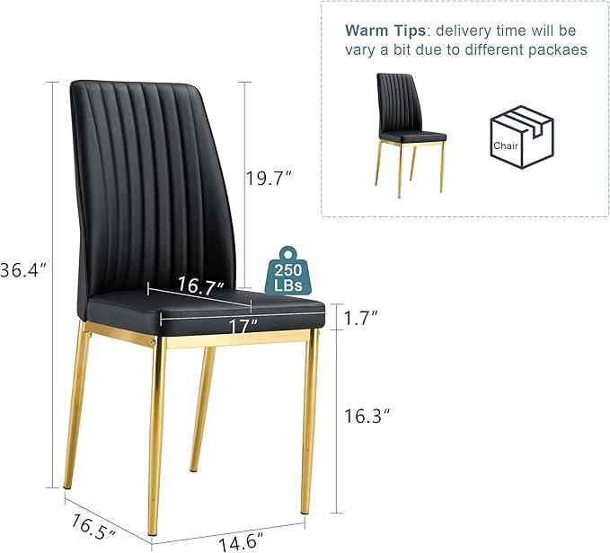Black Dining Chairs Set of 4 Modern Kitchen Chairs PU Leather Chair with Metal Legs Armless Upholstered Chair for Dinner Room, Office, Waiting Room(Set of 4, Black Golden)