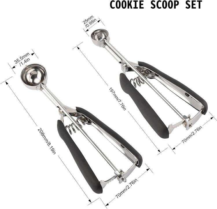 Small Cookie Scoop Set - 2 PCS Include 1 tsp / 1Tbsp Cookie Dough Scoops, Cookies Scoops for Baking, Made of 18/8 Stainless Steel, Good Soft Grips, Quick Trigger Release
