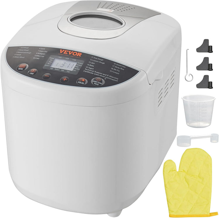 VEVOR Bread Maker, 19-in-1 2LB Dough Machine, Nonstick Ceramic Pan Automatic Breadmaker with Gluten Free Setting, Whole Wheat Bread Making, Digital, Programmable, 3 Loaf Sizes, 3 Crust Colors, White