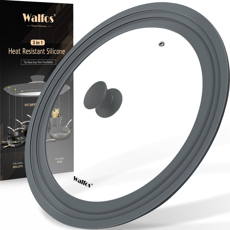 Universal Lid for Pots, Pans and Skillets - Walfos Tempered Glass Pan Lid with Heat Resistant Silicone Rim, BPA Free Large Pot Lids Fits 11", 12" and 12.5" Diameter Cookware, Dishwasher-Safe, Grey
