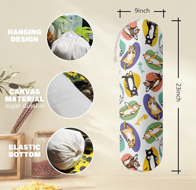 Cat Pattern Grocery Bags Holder Organizer For Shopping Bags,Wall Mount Plastic Bags Storage Container Dispensers, Pet Lovers Home Kitchen Gifts For Family, Friends, Cat Mom, Cat Dad, Women
