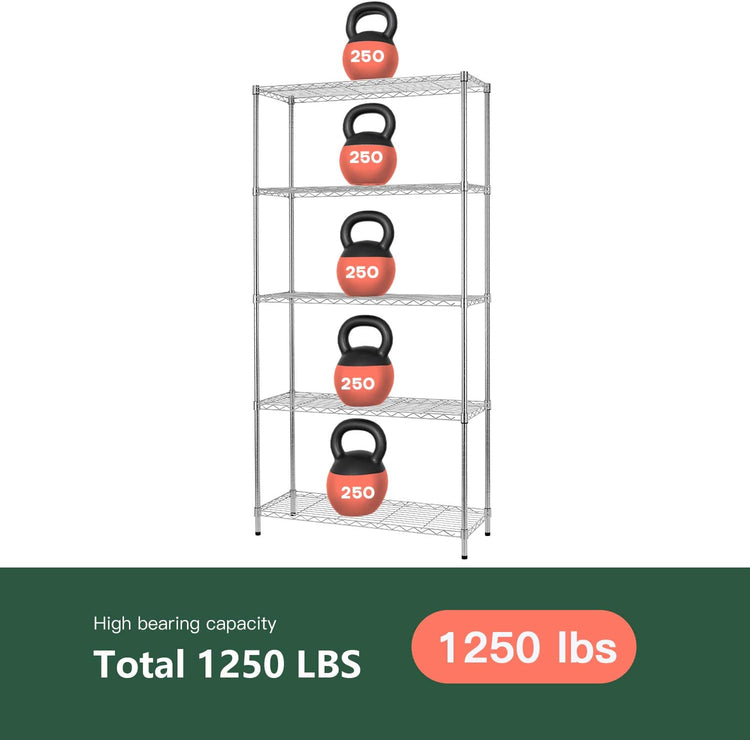 FDW 14" D×36" W×72" H Wire Shelving Unit Metal Shelf with 5 Tier Adjustable Layer Rack Commercial Strong Steel for Restaurant Garage Pantry Kitchen,Chrome