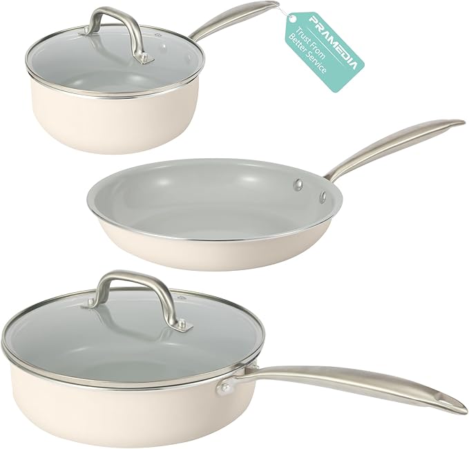 Pots and Pans Set Nonstick, 5-Piece Ceramic Cookware Set, Stainless Steel Handles, Induction Compatible & Oven Safe, Non Toxic Healthy Cooking Set for RV & Apartments, Cream White