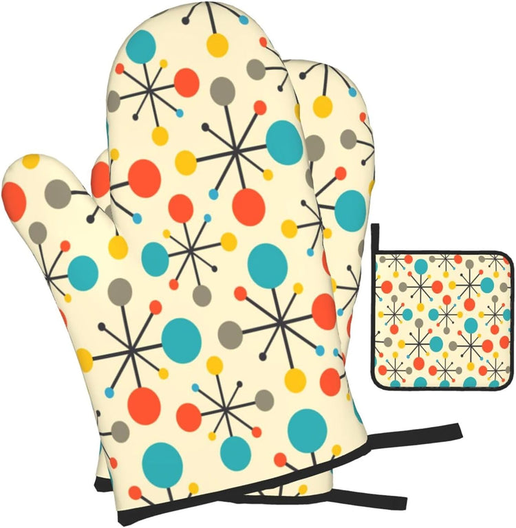 Mid Century Fifties Modern Atomic Retro Oven Mitts and Pot Holders Sets of 3, Yellow Kitchen Decor or Accessories, Heat Resistant Hot Pads Oven Gloves,Cooking Grilling Baking Gifts for Women