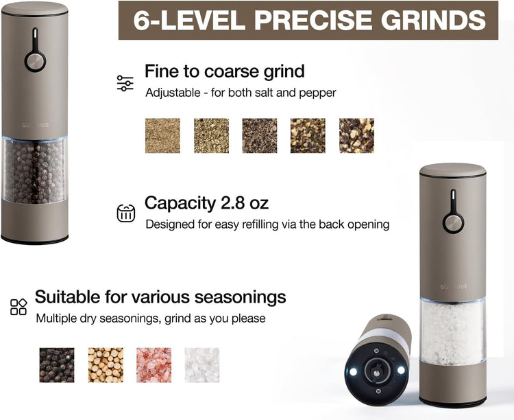 Stainless Steel Rechargeable Electric Salt and Pepper Grinder Set, USB Charging with Dust Cover, 6 Adjustable Grinding Modes + LED Light 2pack,Brown