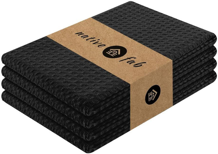 Native Fab Cotton Kitchen Towel with Hanging Loop 16x26 inches, 4-Pack, Waffle Weave Kitchen Towels for Cleaning Drying, Washcloths Soft & Absorbent Cloth Rags, Bar Towel, Dish Cloth, Black - Nestoria