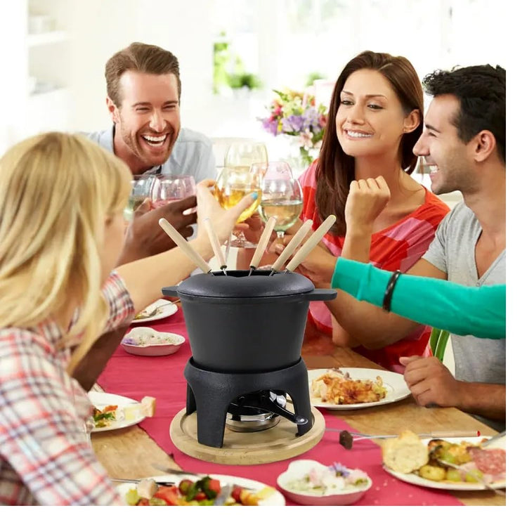 Traditional Fondue Set Matte black enameled cast iron fondue for Taditional swiss fondue 12 pcs fondue pot. for Meat