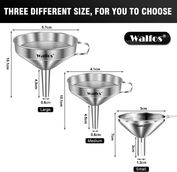 Stainless Steel Funnel, Walfos 3 Different Sizes of Kitchen funnels with 2 Removable Strainer & 1Pcs Cleaning Brush, for Transferring of Liquid, Oils, Jam, Powder