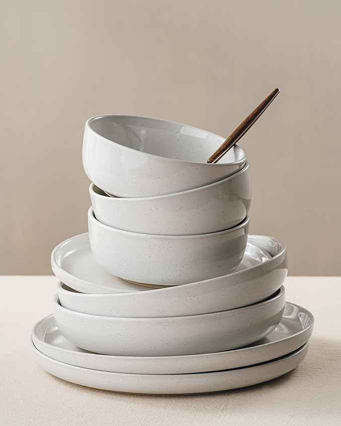 Famiware Milkyway Stoneware Dinnerware Sets with Pasta Bowls, Service for 6 (24 Pieces), Plates and Bowls Sets -Scratch Resistant, Microwave and Dishwasher Safe Dishes Set, White