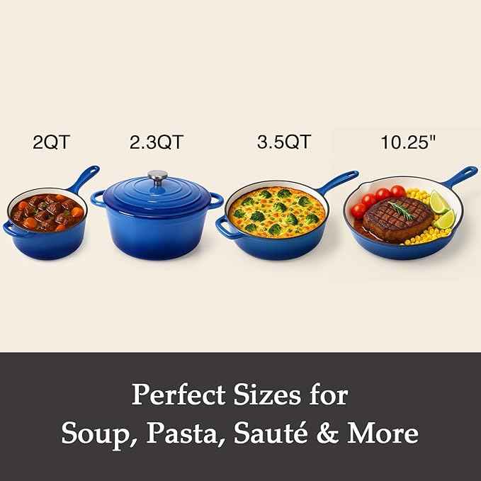QuliMetal Nonstick Enameled Cast Iron Cookware Set, 4-Pcs Pots and Pans with Lid, Healthy Round Dutch Oven Pot for Sourdough Bread Baking, Oven Safe up to 500° F or on All Stovetop
