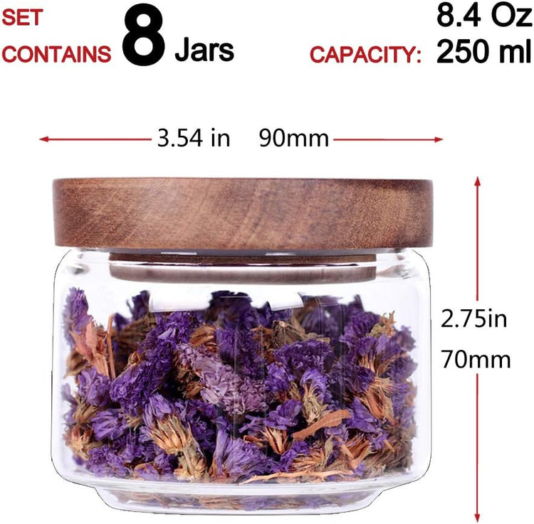 8 Pcs Spice Containers - 8.5oz Glass Spice Jars With Acacia Airtight Lid and Labels - Stackable Empty Round Spice Bottles for kitchen Seasoning, coffee bean, tea, suger, herbs