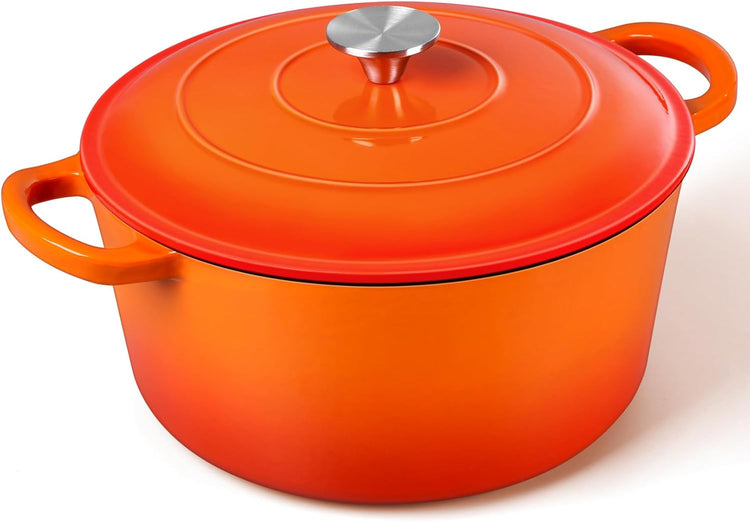 P&P CHEF 6QT Enameled Dutch Oven, Cast Iron Dutch Oven Pot with Lid for Bread Baking, Enameled Casserole Pot for Roasting Braising Stewing Frying Simmering, Various Stoves & Easy Clean, Orange - Nestoria