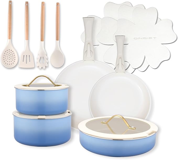ONGIFT 20pcs Ceramic Cookware Set Nonstick, Detachable Handle Pots and Pans Set, Non Toxic,No PFAS & PTFE & PFOA, Dishwasher/Oven Safe, RV Kitchen Set Removable Handle for Cooking, Blue