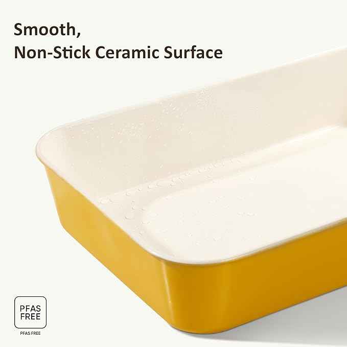 CAROTE 6-Piece Nonstick Ceramic Baking Pans Set - Bakeware Sets Including Cookie Sheets for Baking, Muffin Pan, Bread Pan, Cake pan, Loaf Pan, Cooling Rack, Mustard Yellow & Cream White