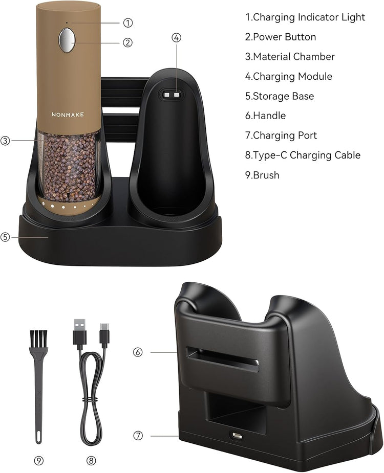 Electric Salt and Pepper Grinder Set - Automatic Refillable Salt and Pepper Grinders with Charging Base & LED Light, 6-Level Adjustable Coarseness with External Dial, Ideal Kitchen Gadget๏ผBrown