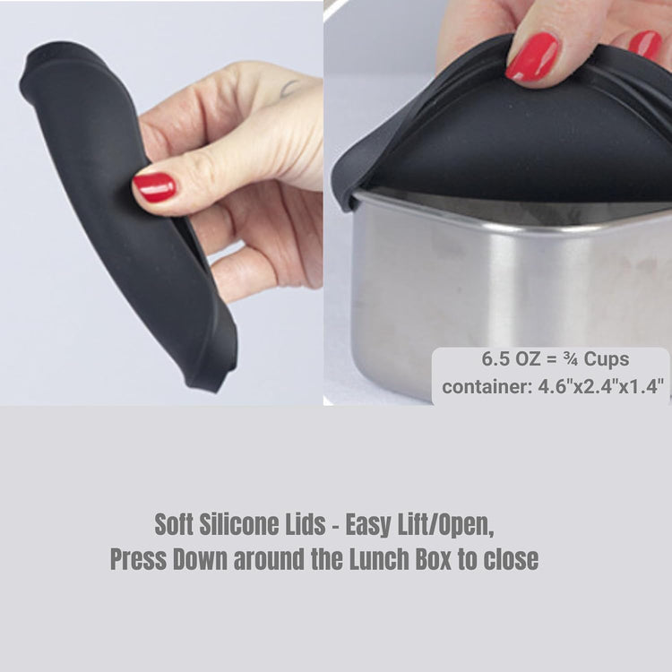 Flexibento - 2 x 6.5 oz | Leak proof | Small Stainless steel Snack Containers with Silicone lids|Dip, snacks, condimenrs | Plastic and BPA free | Metal Lunch box | Black (set of 2)
