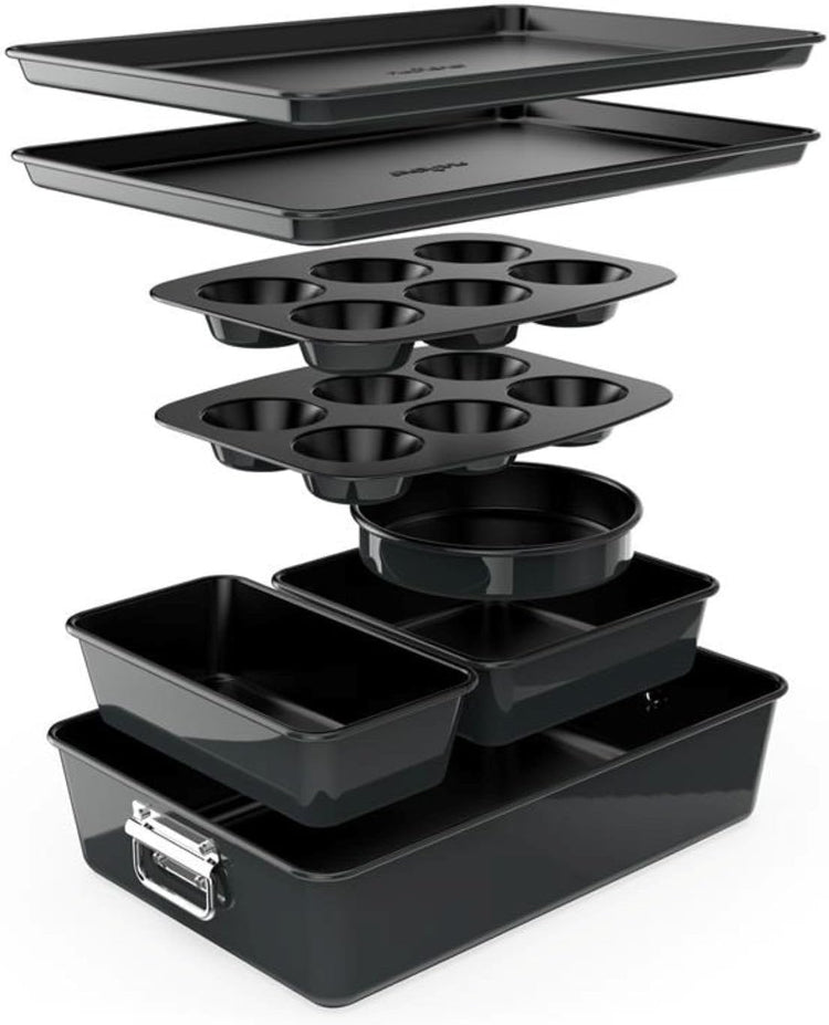 NutriChef 8-Piece Stackable Nonstick Bakeware Set - Premium Steel Baking Tray Set - Includes Round Cake Pan, 6-Cup Muffin Pans, Wide/Square Brownie & Loaf Pans, Cookie Sheet, & Roaster Pan (Black)