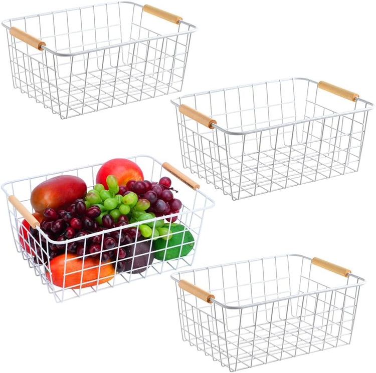 LeleCAT White Wire Baskets for Organizing with Handles,Pantry Organizers and Storage For Kitchen, Household Snack Basket for Cabinets, Closets, Bedrooms,food - Set of 4(White)