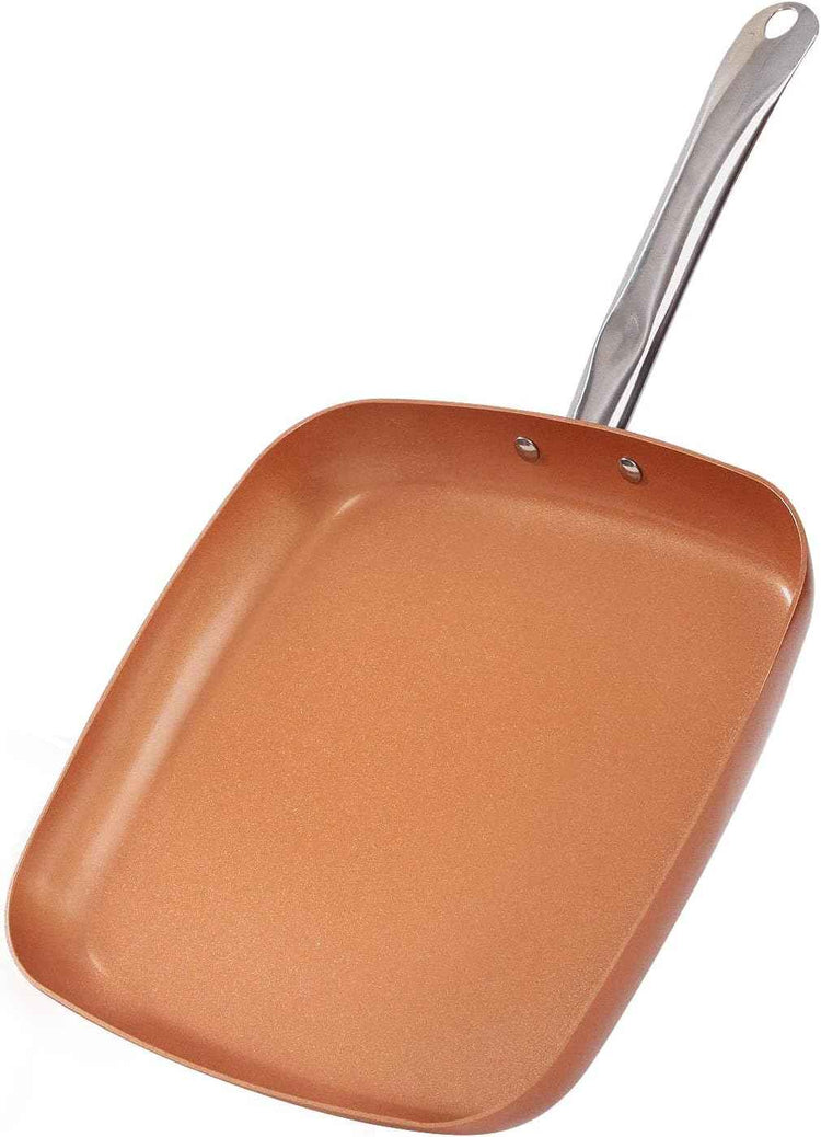 Non-Stick Copper Square Frying Pan, 12" Chef Skillet with Ceramic Coating, Oven Dishwasher Safe, PFOA-Free, Home Use for All Stoves
