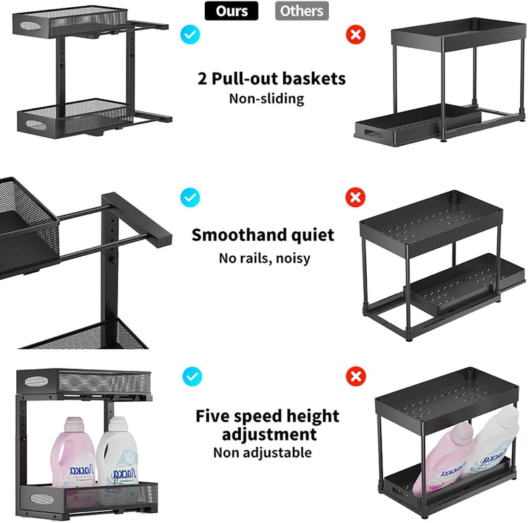 2-Tier Under Sink Organizer with Pull-Out Mesh Drawers, Adjustable Height Cabinet Storage for Kitchen/Bathroom/Laundry, Space-Saving Sliding Shelves (Black)