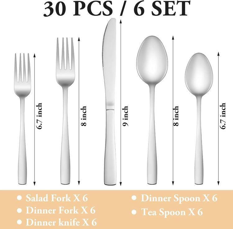 30 Piece Silverware Set Service for 6,Premium Stainless Steel Flatware Set,Mirror Polished Cutlery Utensil Set,Durable Home Kitchen Eating Tableware Set,Include Fork Knife Spoon Set,Dishwasher Safe