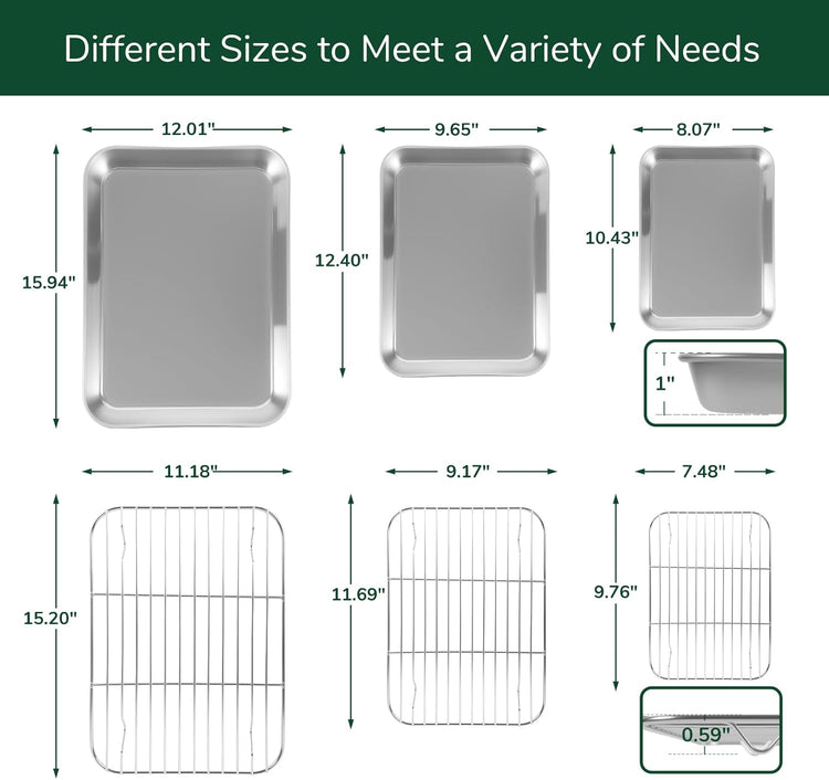 18/0 Stainless Steel Baking Sheet with Cooling Rack, Oven-Safe Non-Toxic Cookie Sheets for Baking, Set of 6, Coating Free & Rust Resistant for Healthy Family Baking, Easy to Clean, Heavy-Duty
