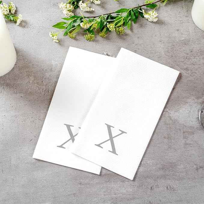 Luxenap 15.8 X 7.9 Inch Linen-Feel Guest Towels, 50 Lettered Hand Towels - Silver Letter 'X', Sans Serif Font, White Paper Dinner Napkins, airlaid, For Restrooms And Tables - Restaurantware