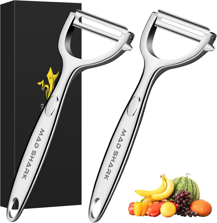 MAD SHARK Ultra Sharp Vegetable Peelers for Kitchen Fruit Apple Potato Peelers,Design with Ergonomic Non-Slip Handle, Y-Shaped Stainless Steel Serrated(Flat&Serrated Blade 2pc)