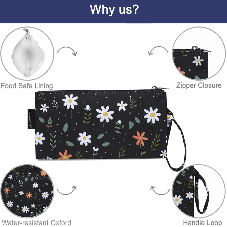 Reusable Sandwich Bag/Snack Bag for Kids & Adults, Dual Layer Lunch Bag with Handle, Washable, Food Safe, BPA Free (2-Pack, Daisy)