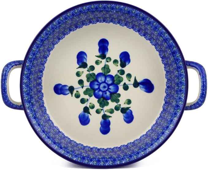 Polmedia Polish Pottery Round Baker with Handles - Blue Poppies Pattern Handmade in Boleslawiec Poland by Ceramika Artystyczna + Certificate of Authenticity