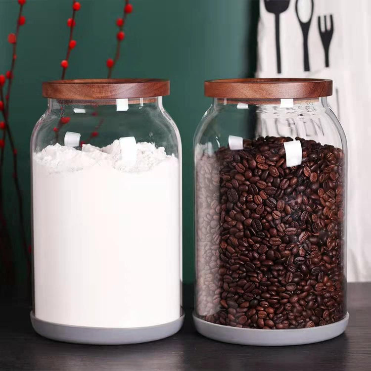SAIOOL 1 Gallon Glass Jar with Wooden Acacia Airtight Lid,Large Glass Storage Jar set of 2, BPA-Free Cereal Dispenser Jars for flour,Spaghetti Pasta, Powder, Tea, Coffee