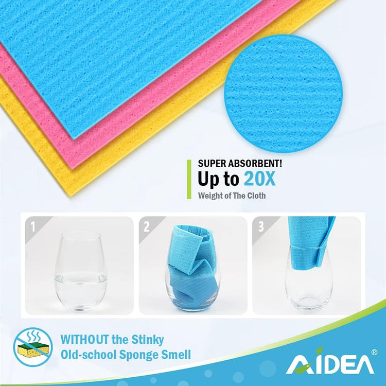 AIDEA Swedish Dishcloths for Kitchen, 20PK, Reusable Paper Towels, Kitchen Washcloths Dish Rags, Eco Friendly No Odor Reusable Cleaning Cloths, Cellulose Sponge Cloths, 7"×6" - Nestoria