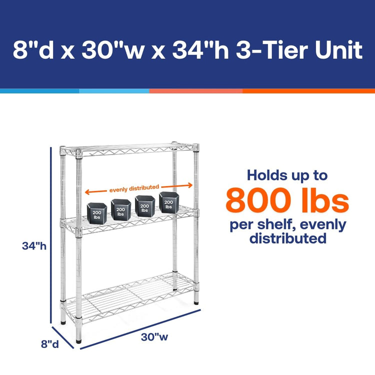 Shelving Inc. 8" d x 30" w x 34" h Chrome Wire Shelving with 3 Tier Shelves (3 Count)