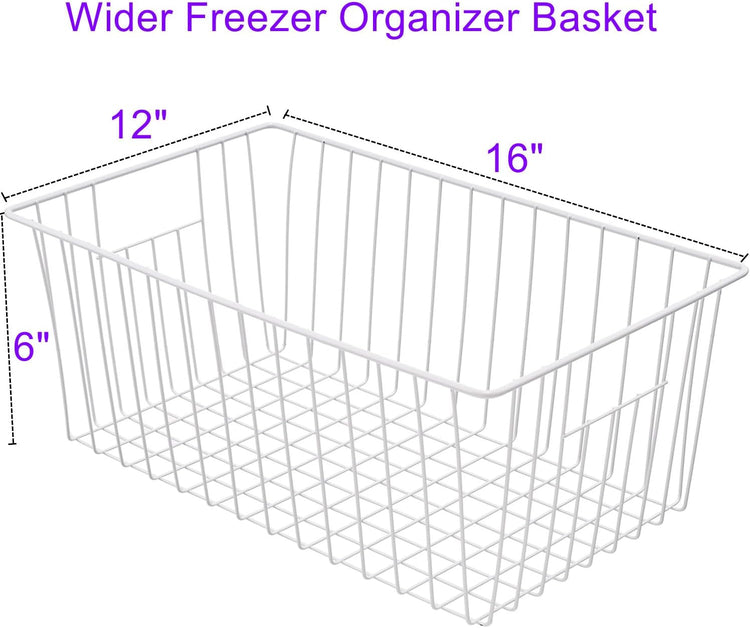 16Lx12Wx6H inch Wider Freezer Organizer Baskets Container, Refrigerator Metal Wire Storage Bins with Handles for Kitchen, Pantry, Cabinet, Closets - Pearl White(4 Packs