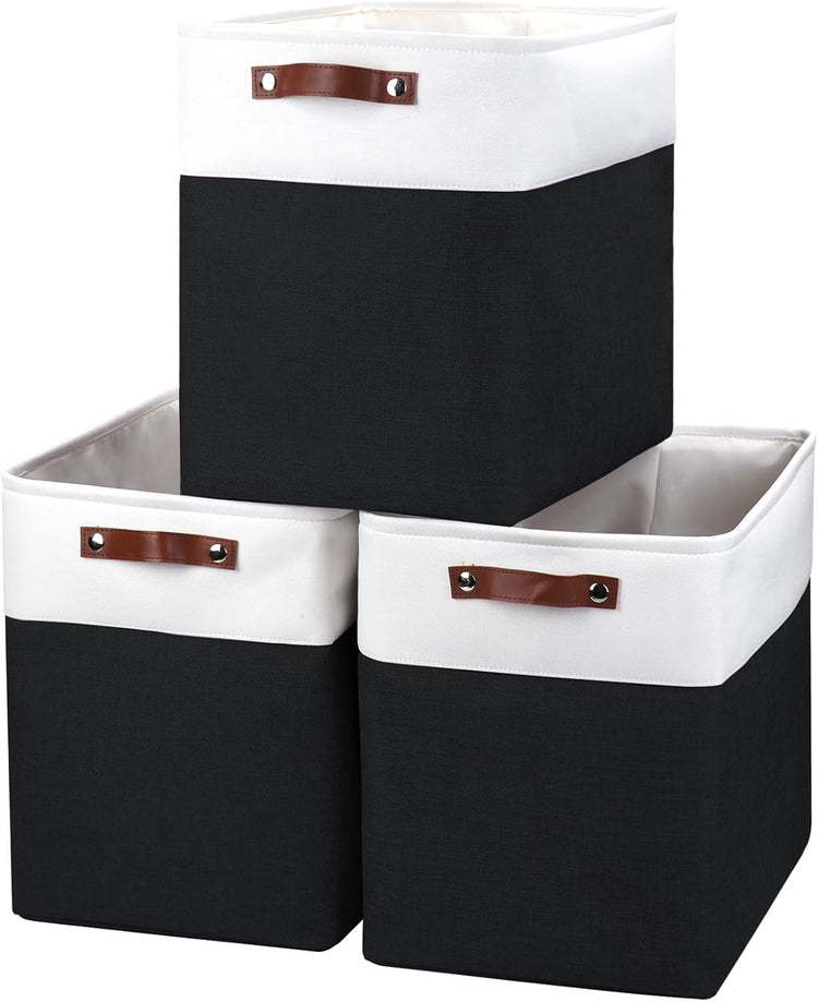 Large Fabric Storage Baskets | 50L Storage Bins, Decorative Linen Closet Baskets with Handles for Organizing, Shelf, Toys, Clothes, Home, Office, Nursery, 17x12x15Inches (Black&White)
