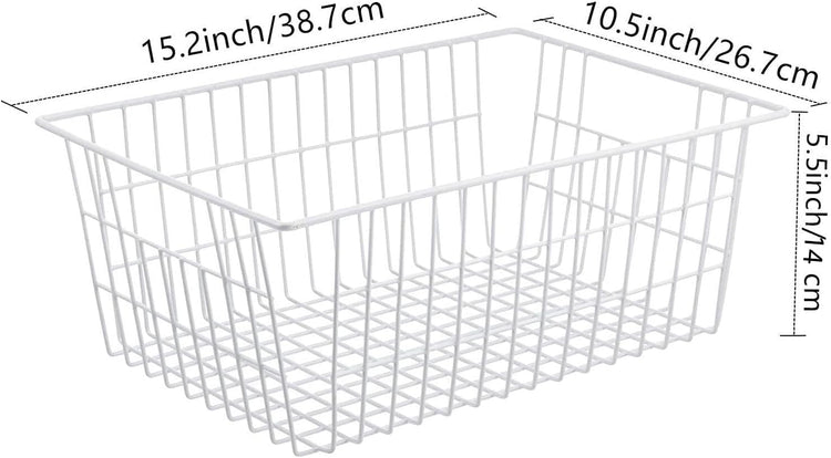 Redrubbit Wire Storage Baskets, Large Farmhouse Metal Freezer Basket Storage Organizer Bins with Handles for Kitchen Cabinets, Pantry, Closets, Bedrooms, Bathrooms, Set of 4, White