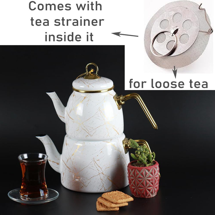 Vintage Turkish Teapot Tea Pots Kettle Set for Stovetop Stove Top Decorative Infuser Party Cups Glasses Floral Unique Boiler Samovar Strainer Loose Leaf Kitchen Style Enamel Decor (White-Gold)