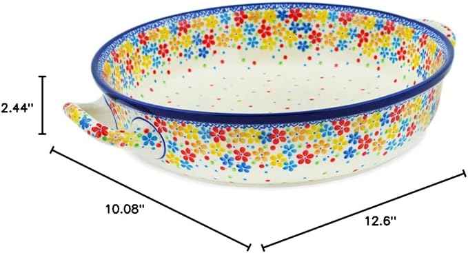 Polmedia Polish Pottery Round Baker with Handles 10-inch UNIKAT - Flower Meadow In The Garden Pattern Handmade in Boleslawiec Poland by Ceramika Artystyczna + Certificate of Authenticity