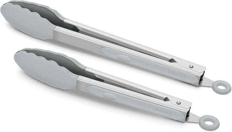 2 Pack Warm Grey Kitchen Tongs, Premium Silicone BPA Free Non-Stick Stainless Steel BBQ Cooking Grilling Locking Food Tongs, 9-Inch & 12-Inch