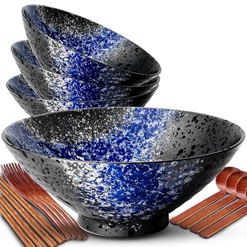 8 Inch Ramen Bowl Set 4 Large Japanese Bowls Ceramic Microwavable 16pcs (Blue / 8 INCH 4 Set)
