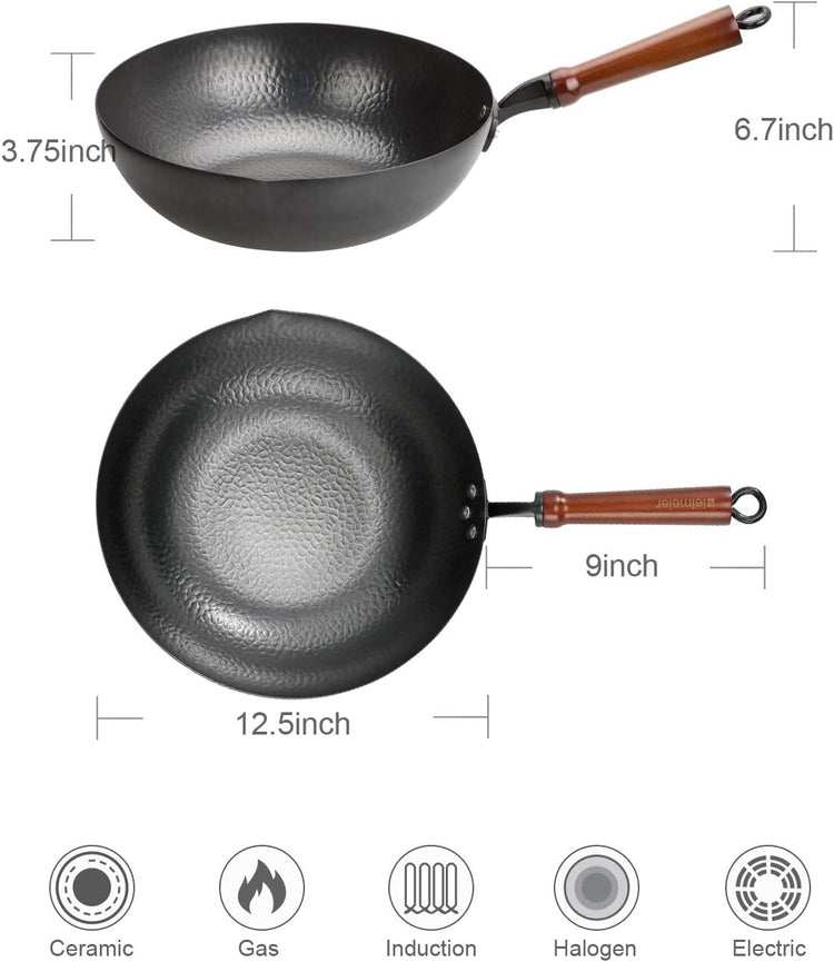 12.5" Wok Pan- Woks and Stir Fry Pans, Carbon Steel Wok, Flat Bottom Wok with Lid Suits for all Stoves