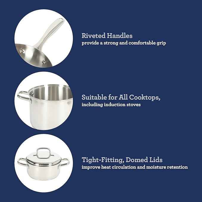 Oster Platinum Sedwick Stackable Stainless Steel Pots and Pans Cookware Set W/Domed Stainless Steel Lids W/TriPly Encapsulated Base - Induction Safe
