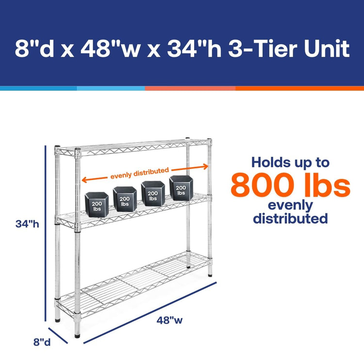Shelving Inc. 8" d x 48" w Chrome Wire Shelving with 3 Tier Shelves (3 Count)