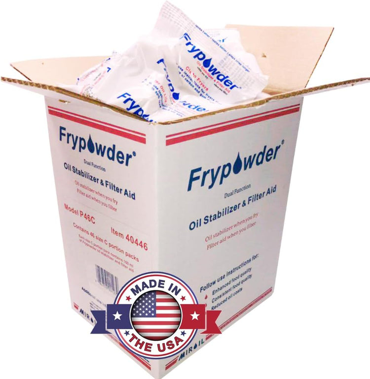 MirOil P46C Fry Powder Oil Stabilizer and Filter Aid, 46 x Size C Portion Pack(160ML Each) Fry Powder, Food Centers Cook Hotter, Deep Fryer Cooking Oil Saver Helps Save Grease & Remove Carbon Deposits