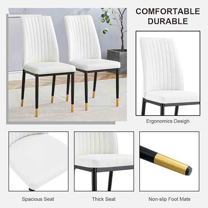 Modern Dining Chairs Set - 8 White PU Leather Armless Chairs with Metal Legs for Dinner Room, Office, Waiting Room