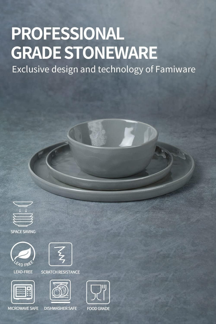Famiware Mars Plates and Bowls Set, 24 Pieces Dinnerware Sets, Dishes Set for 8, Dark Gray