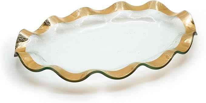 Annieglass Ruffle 14.5 x 9.5 Inch Oval Platter with 24k Gold, Timeless Glass Tableware for all Occasions, Made in the USA