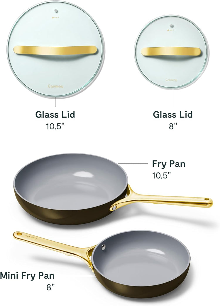 Caraway Ceramic Nonstick Fry Pan Set with Glass Lids – Includes Two 10.5” Fry Pans, One 8” Fry Pan, & Three Lids - Non Toxic, PTFE & PFOA Free - Oven Safe & Compatible with All Stovetops - Black
